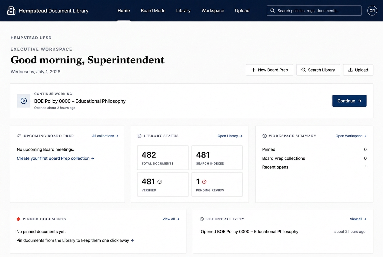 Executive Document Intelligence Platform — executive workspace overview